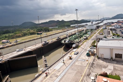 Ship entering Miraflores locks in Panama canal
