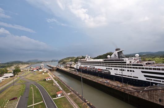 Ship in Miraflores locks in Panama Canal