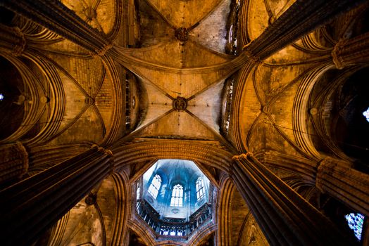 Ceiling Interior View of Cathedral Gothic, Barcelona, Spain