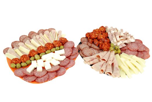 Dishes with delicatessen catering food isolated on white