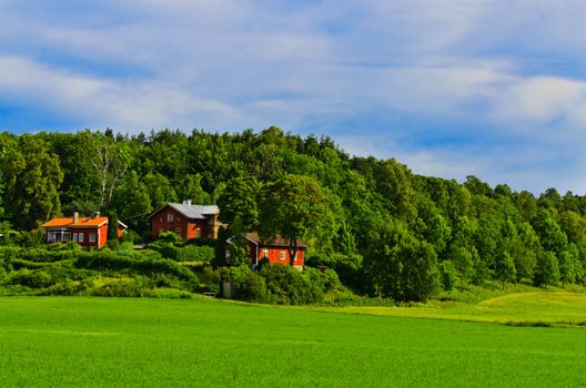 Traditional norwegian wooden houses standing in the distance