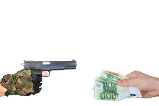 Hands with gun and money robbery