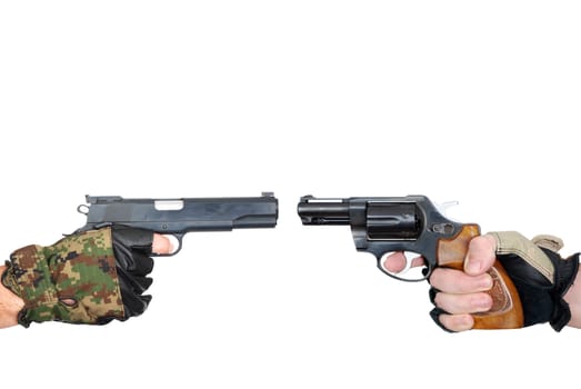 Hands with guns isolated on white