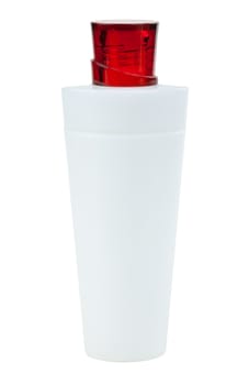 Cosmetic bottle with red cap on a white background