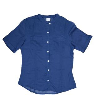 Fashionable women's blue shirt in the studio on a white background