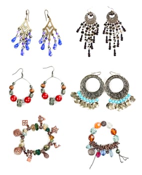 Collage of six women's jewelry. Isolate on white.
