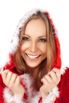 Portrait of happy beautiful female in Christmas costume