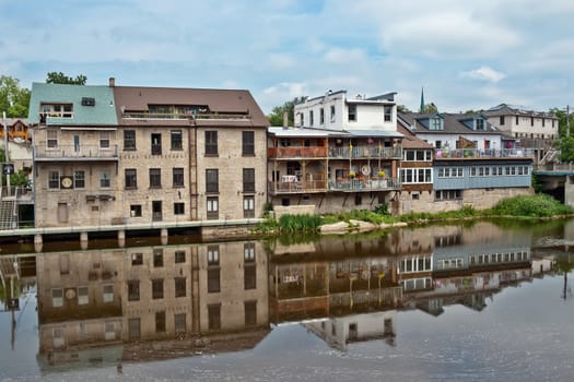 Houses by the river in Elora Ontario Summer