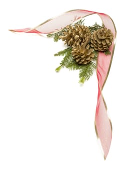 Christmas Pine Cones, Red Ribbon and Pine Branches Isolated on a White Background.