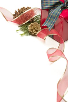 Christmas Present with Ribbon, Pine Cones and Pine Branches Isolated  on a White Background.