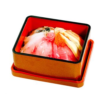 Sushi Japanese food mix in bento lunchbox on white background