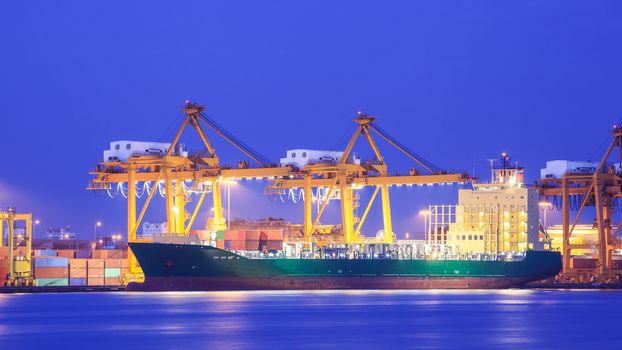 Logistic concept, container cargo ship transport import export in harbor and crane