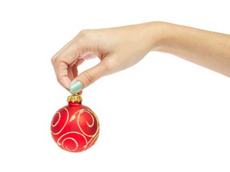 female woman hand holding Christmas ball
