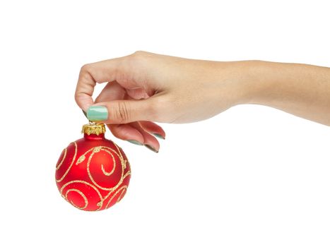 female woman hand holding Christmas ball