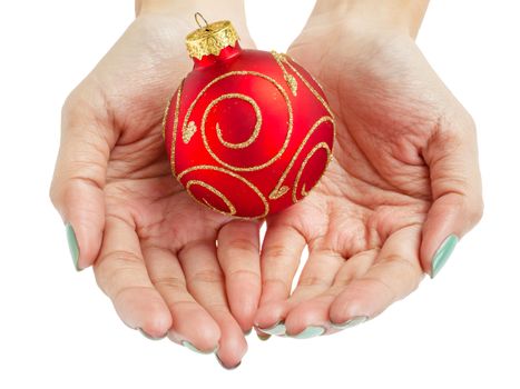female woman hand holding Christmas ball