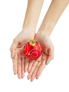 female woman hand holding Christmas ball