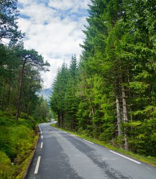 Scenic winding road through green forest in Norway