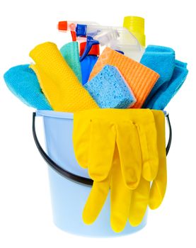 Plastic bucket with cleaning supplies on white background