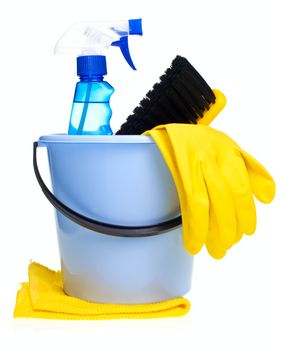 Plastic bucket with cleaning supplies on white background