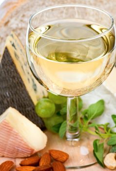 Glass of white wine with cheese at background, shallow DOF