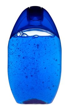 Blue transparent shampoo bottle on white background