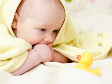 Four month baby girl playing with rubber duck