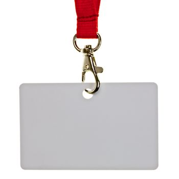 Blank badge with red neckband on white background