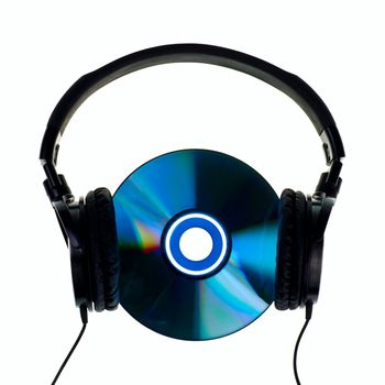 HI-Fi headphones with audio CD on white background