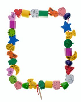 Colorful wooden toy bead frame on white background