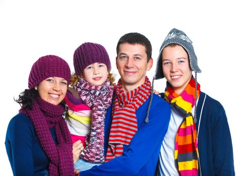 Portrait of friendly family in winter hat and scarf, isolated on white