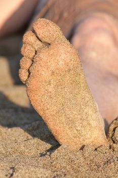 Foot covered with wet sand on the beach.