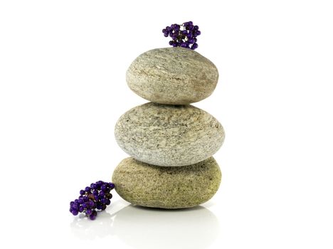 stones in balance with purple berries