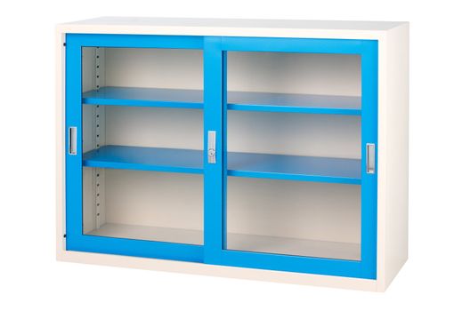 Beautiful blue empty cabinet with transparent mirror doors