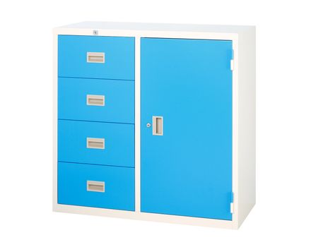 Cabinet in blue color with drawers and shelf