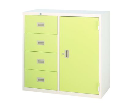 Cabinet in light green color with drawers and shelf