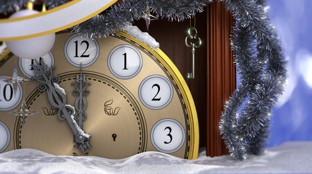 Happy New Year background with old clock,decorations, key and snow