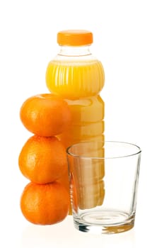 Mandarin juice in plastic bottle and mandarin fruits on white background