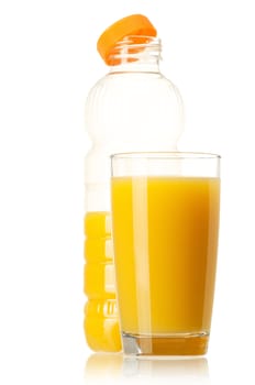 Orange juice in plastic bottle and glass on white background