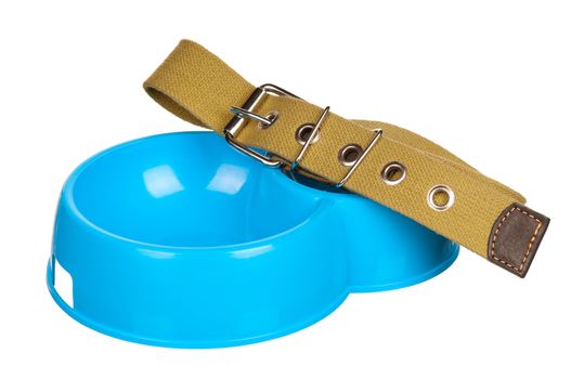 Bowl of dog food and dog collar isolated on a white background