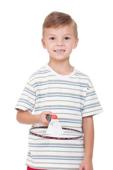 Little boy playing badminton - isolated on white background