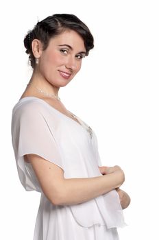 Portrait of happy bride on white background