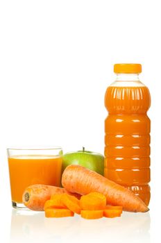 Fresh carrot and apple juice isolated on white background