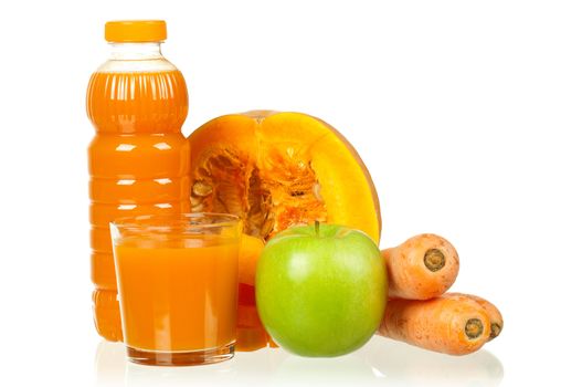 Fresh carrot, pumpkin and apple juice isolated on white background