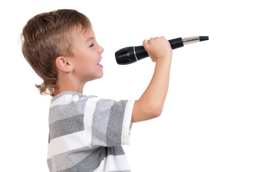 Little boy with microphone - isolated on white background