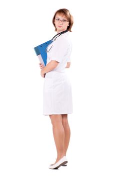 Female doctor with stethoscope holding a clipboard - isolated over a white background