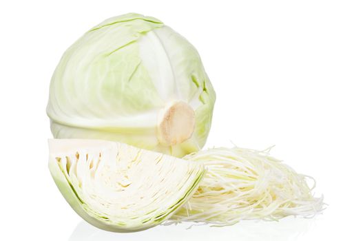 Fresh green cabbage shredded on white background