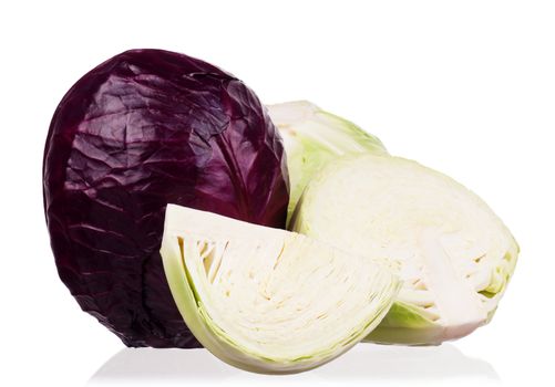 Fresh green and red cabbage vegetable on white background