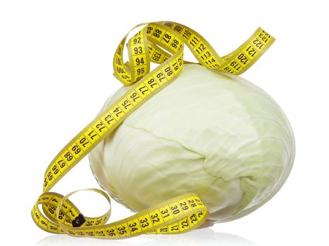 Fresh green cabbage vegetable with measure tape on white background