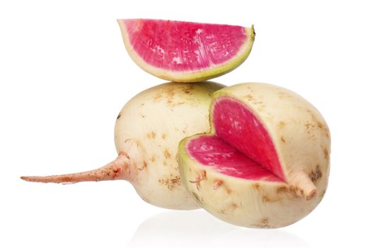 Sliced fresh radish isolated on white background