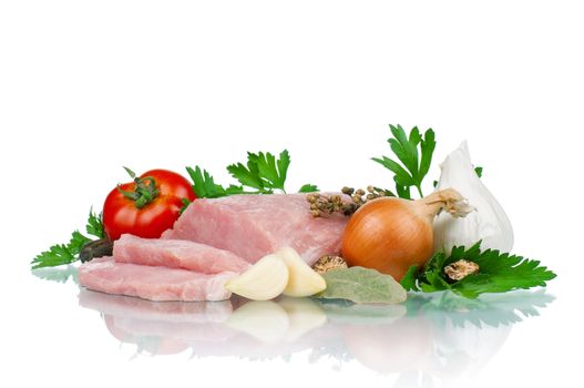 Fresh vegetables and meat on white background